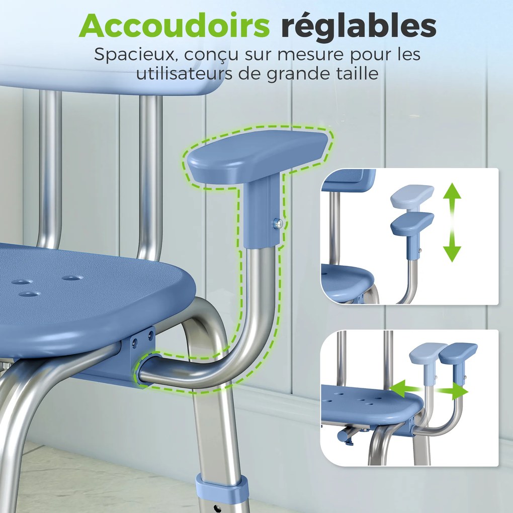 Banco de duche ergonómico com apoios de braços 60-70 (L) x 52 (P) x 62-72 (A) cm, encosto, altura e assento ajustáveis, azul