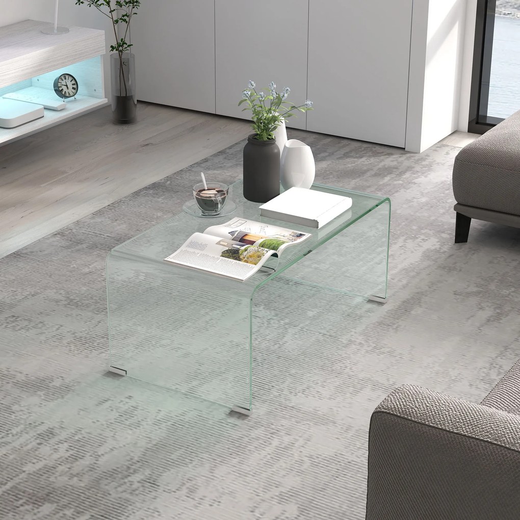 Mesa de centro de vidro 80 x 45 x 35 cm, mesa de sala retangular de design moderno em vidro temperado com bordas arredondadas e seguras, transparente