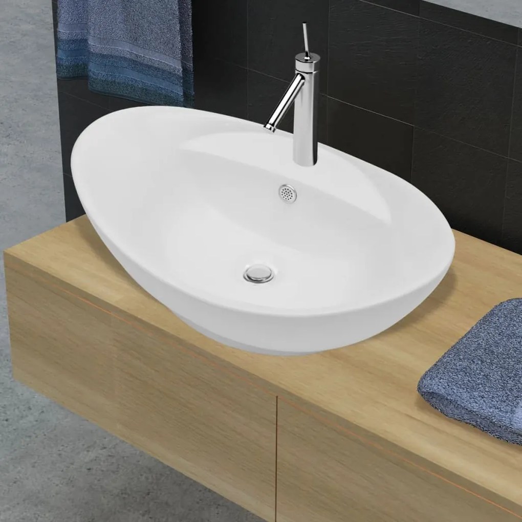 140678 vidaXL Lavatório cerâmico oval branco com buraco para torneira