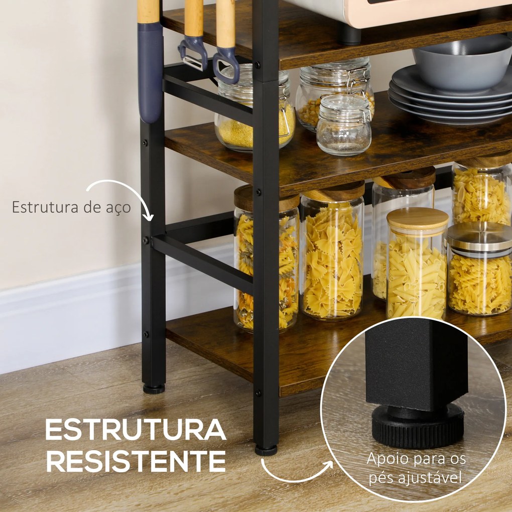 Estante de Cozinha com 4 Prateleiras Ganchos e Sistema Anti-Tombo Estante para Micro-Ondas 65x30x102 cm Castanho Rústico e Preto