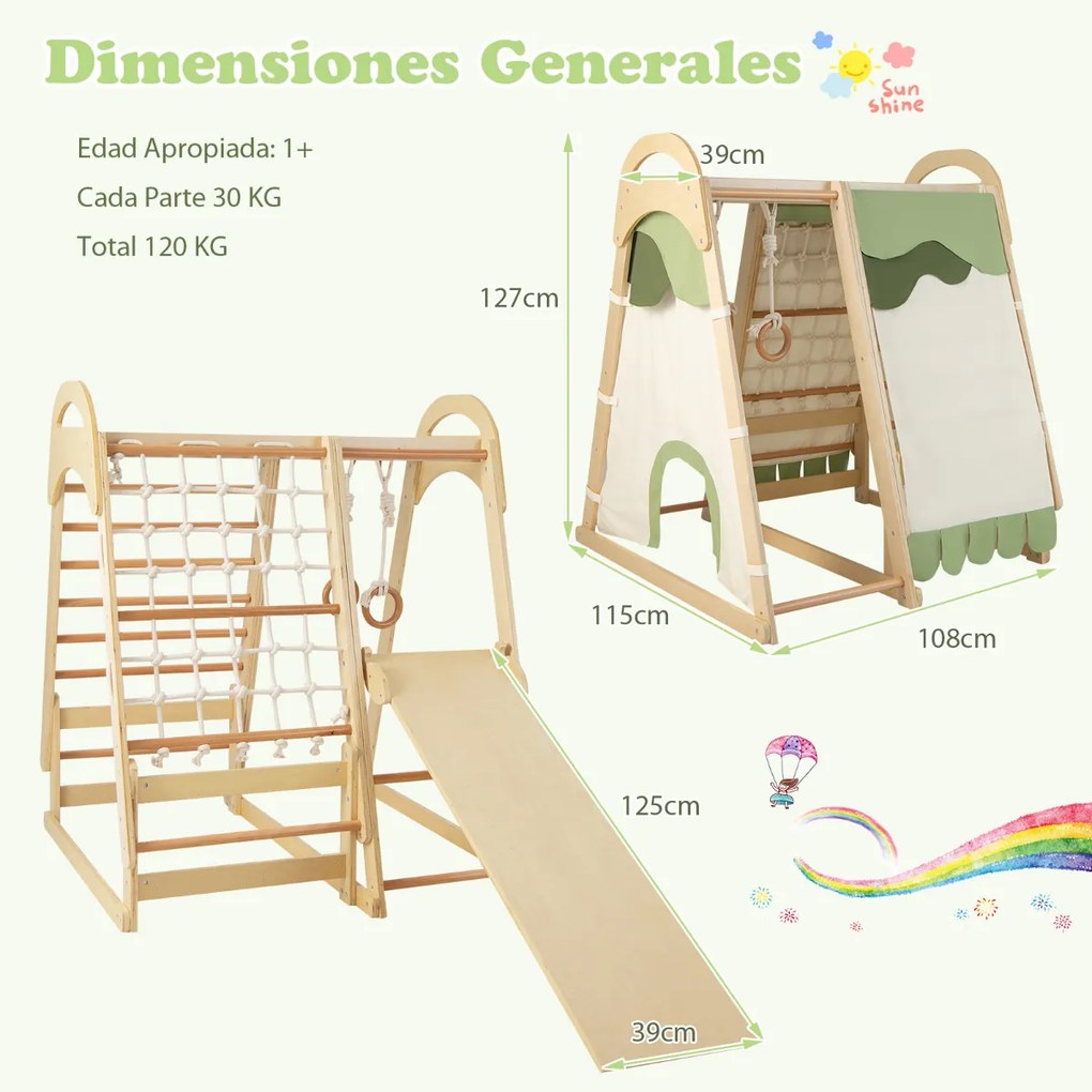 Parque interno para crianças 6 em 1 Conjunto de brinquedos de escalada de madeira com barras de macaco deslizantes Anéis naturais de ginástica