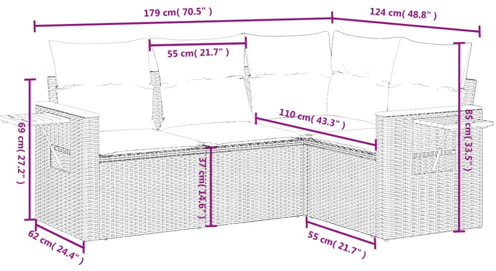 4 pcs conjunto sofás de jardim c/ almofadões vime PE cinzento