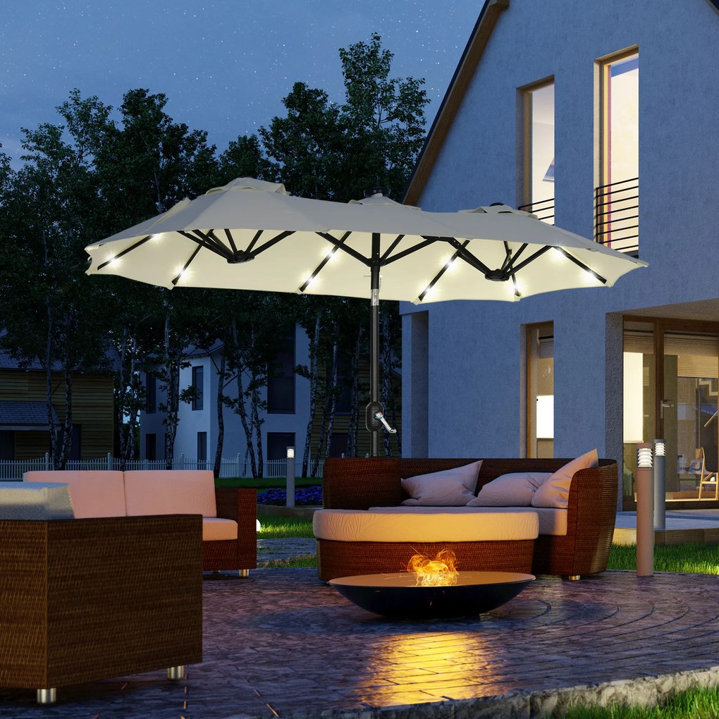 Outsunny Chapéu de Sol Duplo com Luzes LED 280x146x227cm Chapéu de Sol de Jardim com Inclinação de 45° Manivela Estrutura de Aço para Pátio Varanda Piscina Bege