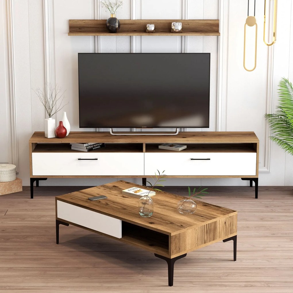 Conjunto de Mobiliário de Sala de Estar Istanbul – Nogueira e Branco –