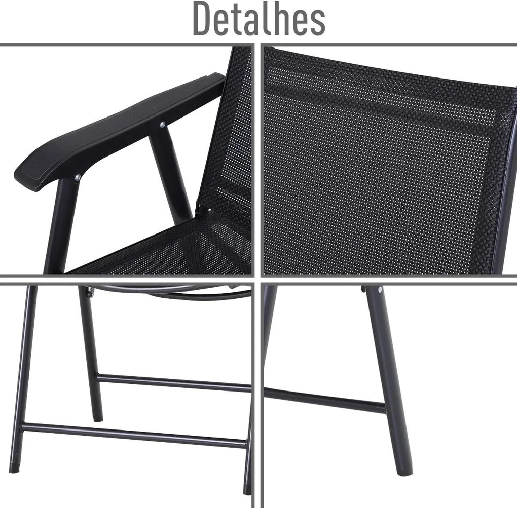 Conjunto de 2 cadeiras dobráveis para exterior com apoio de braços Cadeiras para varanda Jardim Terraço 58x64x94 cm Carga 100kg Preto