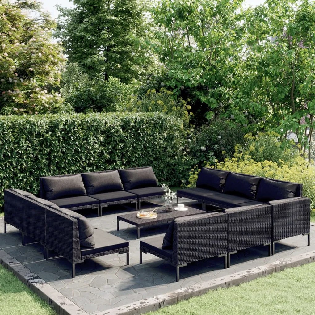 vidaXL 13 pcs conj. lounge jardim c/ almofadões vime PE cinza escuro
