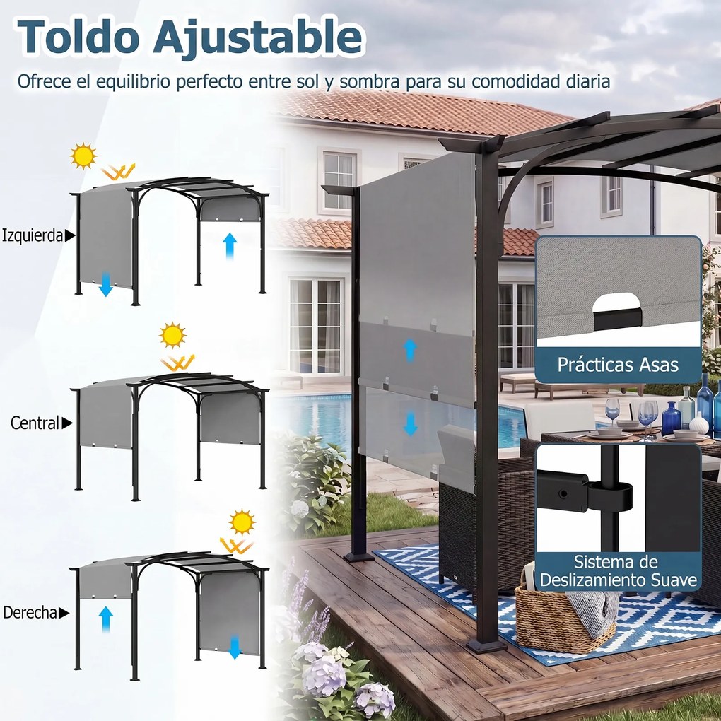 Pérgola Retrátil de Exterior, 305 x 242 x 233 cm, Teto Arqueado, Cinzento