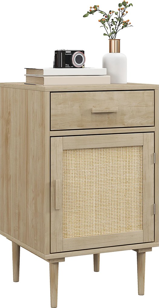 Mesa de cabeceira com armário e prateleira em rattan trançado, 1 gaveta, estilo boémio - 40 x 40 x 68,5 cm, natural