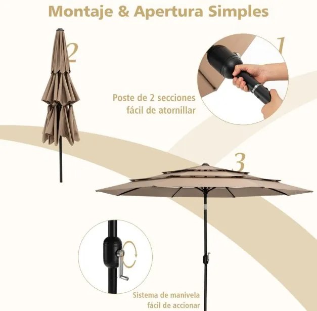 Guarda-sol jardim 3 m de 3 camadas de com ventilação dupla (BASE NÃO INCLUIDA), inclinação, botão de pressão, manivela manual e 8 varas Café