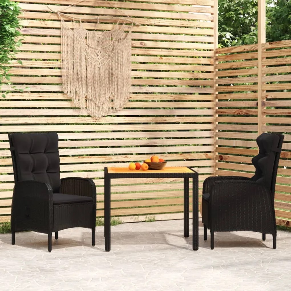 vidaXL 3 pcs conjunto de jantar para jardim vime PE preto