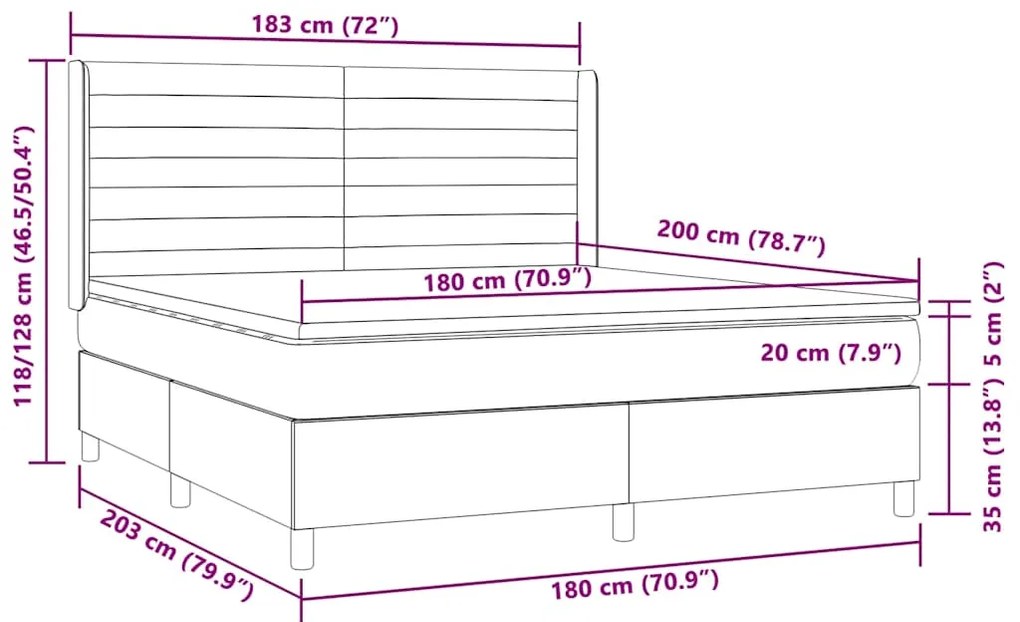 Cama box spring c/ colchão/LED 180x200cm tecido castanho-escuro