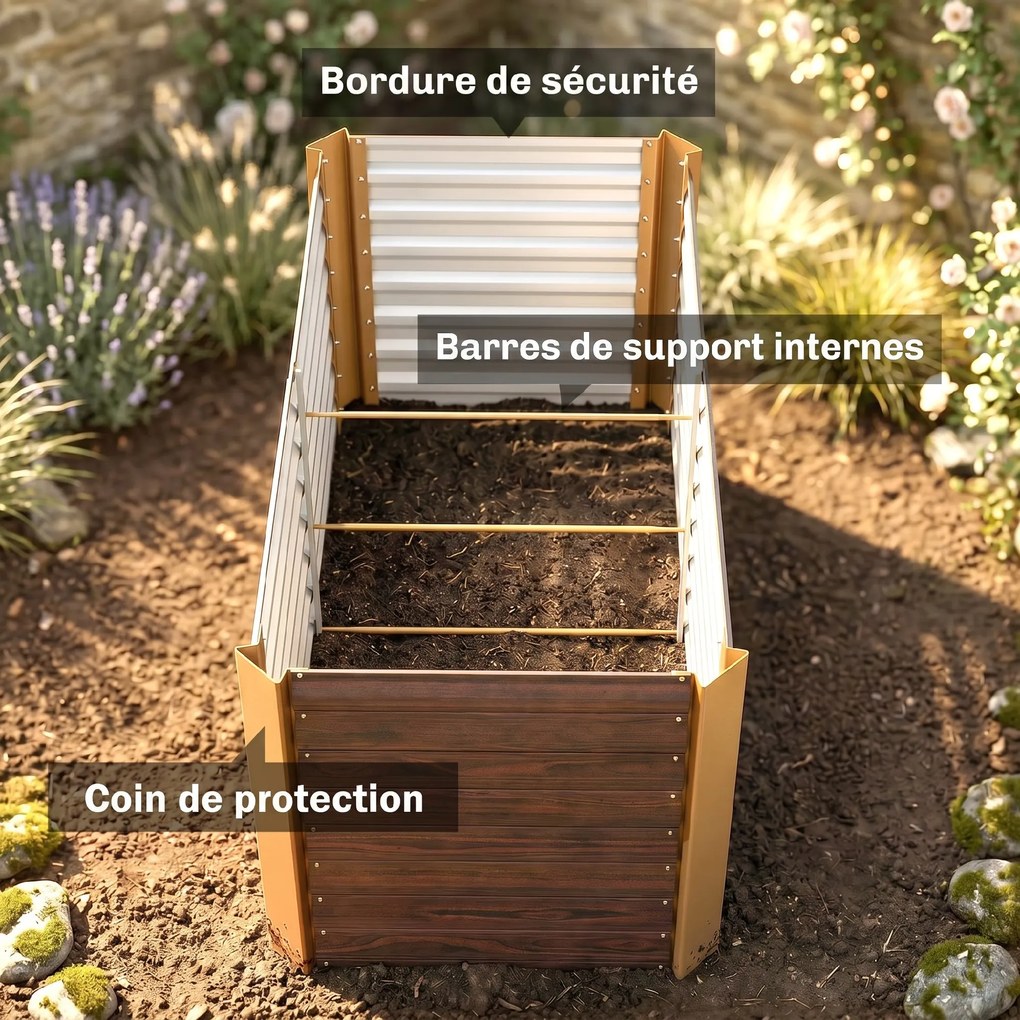 Conjunto de 2 floreiras elevadas quadradas para hortas 120 x 60 x 60 cm, com estrutura em aço galvanizado e fundo aberto, com efeito de madeira castan
