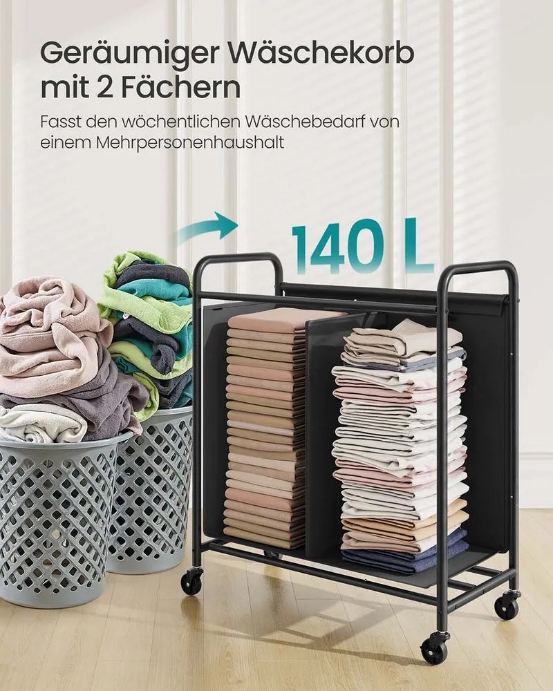 Cesto para roupa suja 140 L com rodas e 2 compartimentos Preto