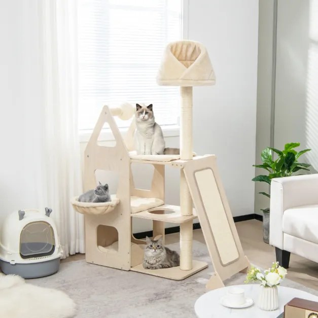 Arranhador para gatos Torre de madeira para gatos com 165 cm de altura com bola e postes para início Móveis para centro de atividades natural