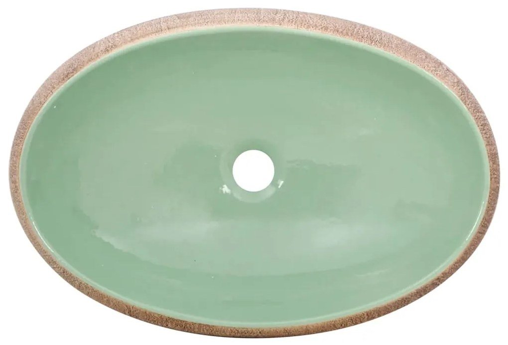 Lavatório de bancada oval 59x40x15 cm cerâmica verde e castanho