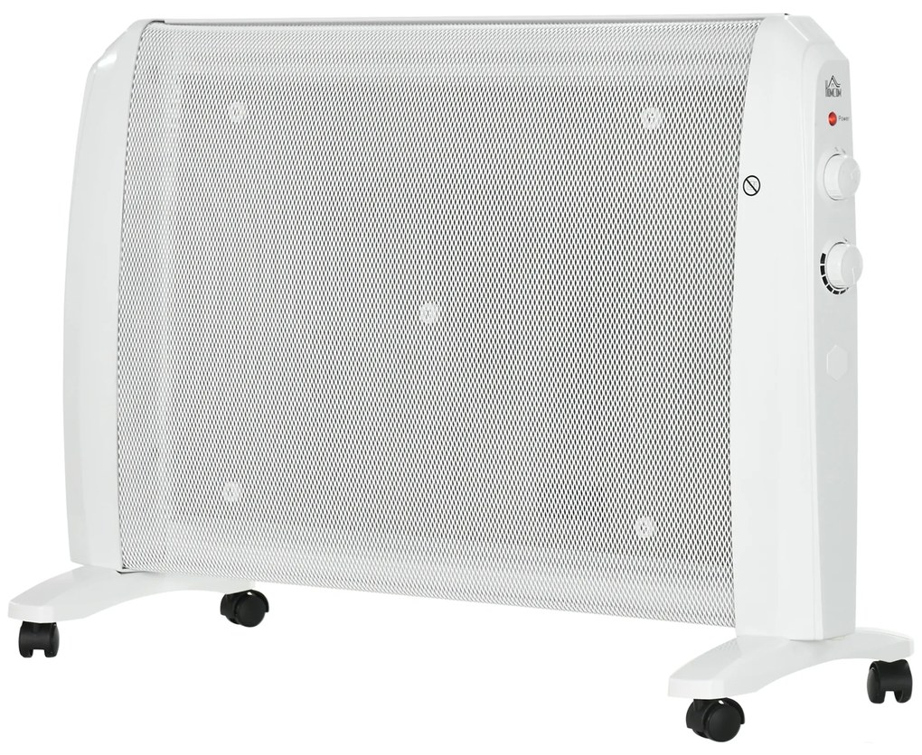 HOMCOM Aquecedor Elétrico 1000W/2000W Aquecedor de Mica com 2 Níveis de Potência Termostato Regulável e 4 Rodas para Ambientes de 15-20 m² Silencioso 79x27x54 cm Branco