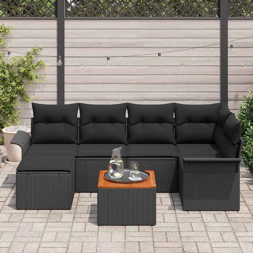 Conjunto de Sofá de Jardim de 7 Peças com Almofadas de Rattan Preto e