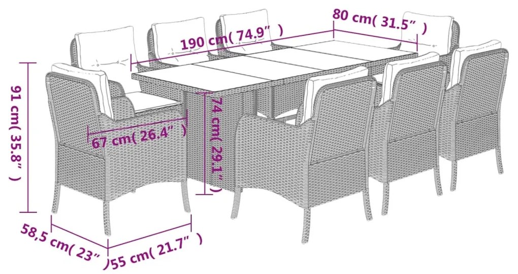 9 pcs conjunto de jantar p/ jardim com almofadões vime PE bege