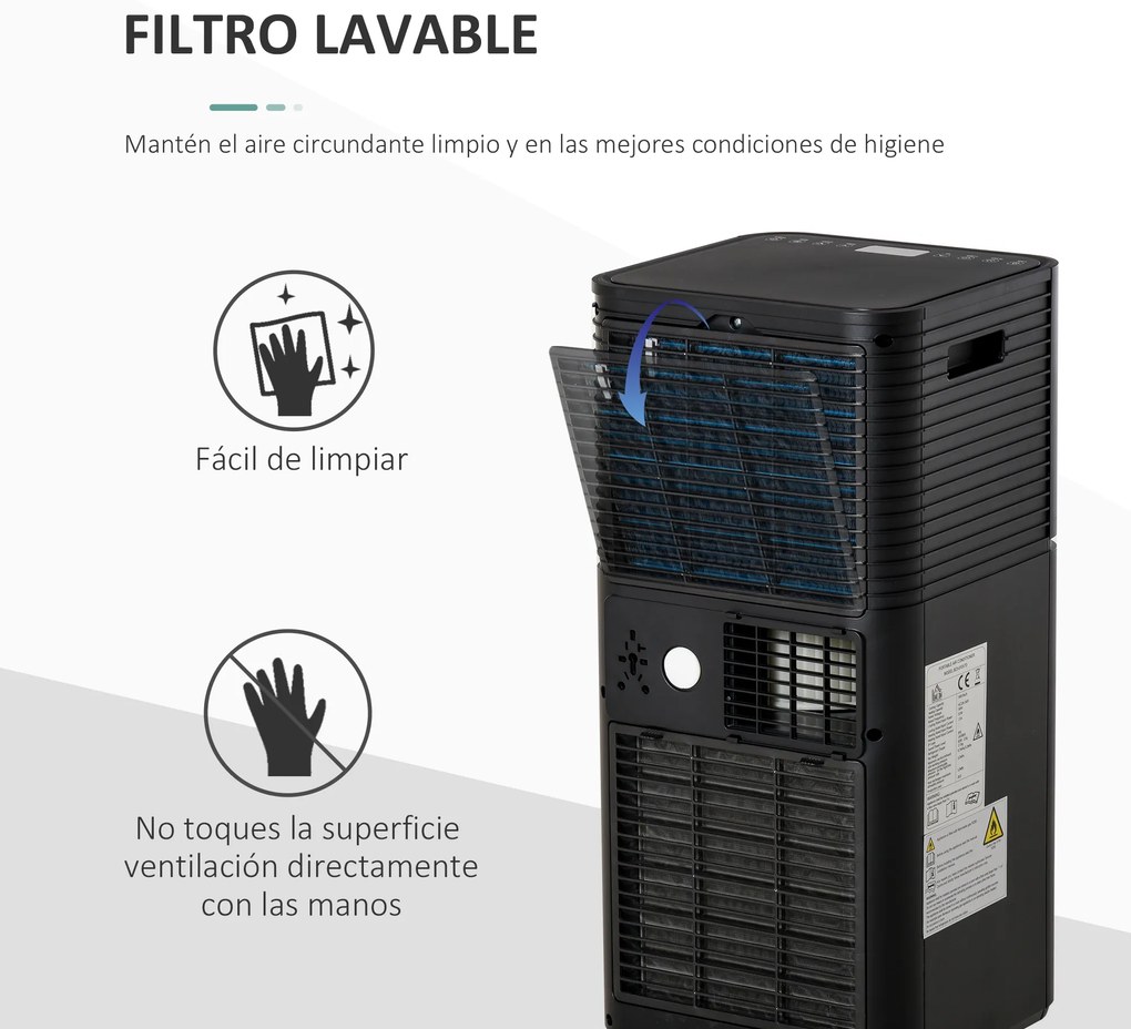 HOMCOM Ar Condicionado Portátil 5000BTU 4 em 1 Desumidificador Refrigerador R290 Móvel com 2 Velocidades Controlo Remoto Ecrã LED Temporizador 30,5x32,5x68cm Preto