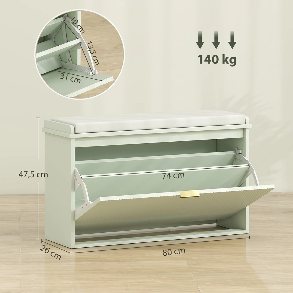 Banco Sapateira com Assento Acolchoado Gaveta Rebatível Prateleira Ajustável para Entrada ou Quarto 80x26x47,5 cm Verde Claro