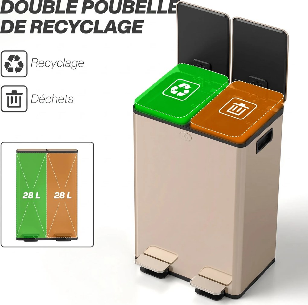 Caixote do lixo de cozinha com 2 compartimentos de 2 x 28 L, aço inoxidável, tampa com fecho suave, 45,8 x 36 x 67,6 cm, dourado