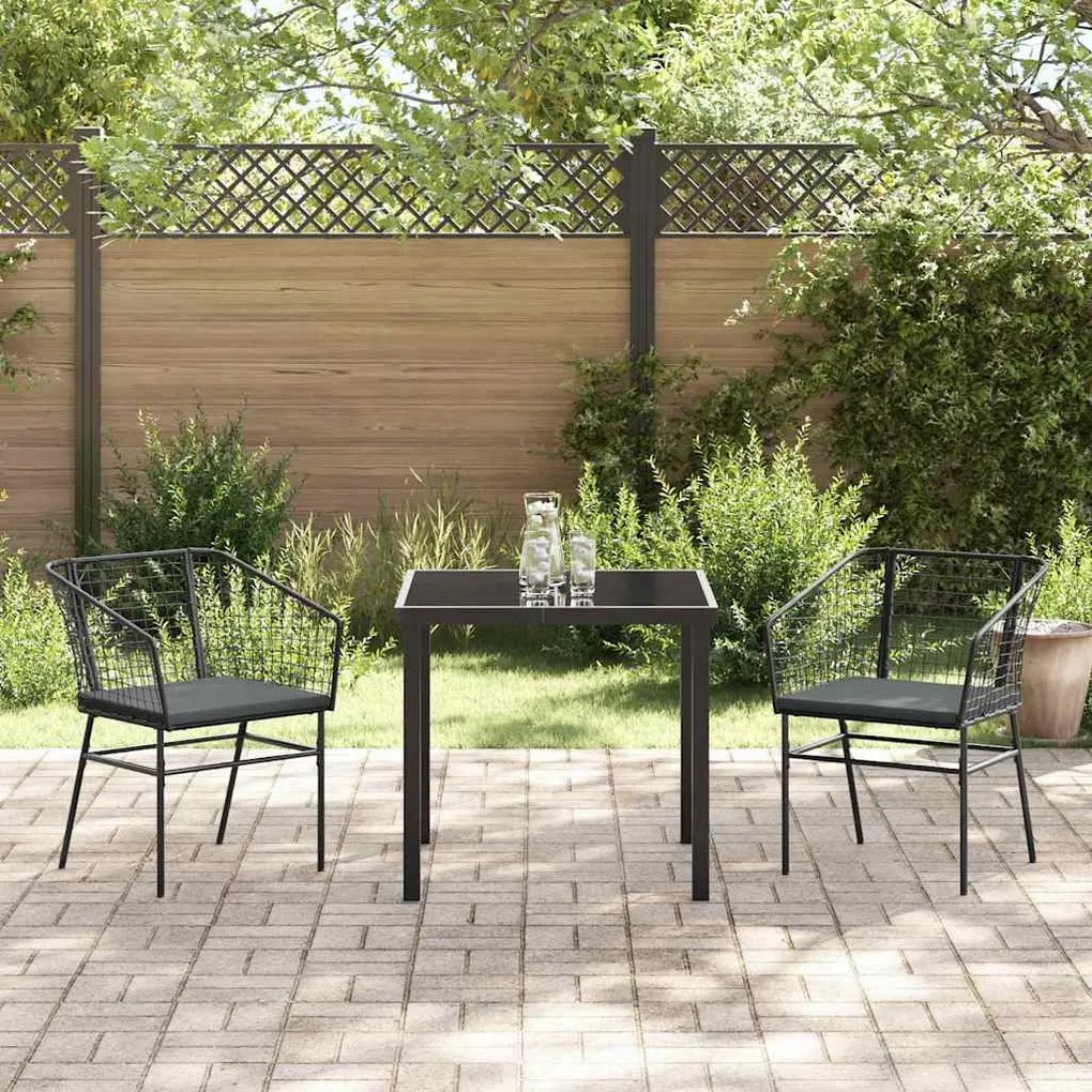 Conjunto de Jantar de Jardim com 3 Peças e Almofadas Pretas em Rattan