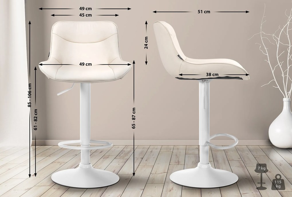 Banco alto em couro sintético com estrutura branca 85-106 x 49 x 51 cm cor creme