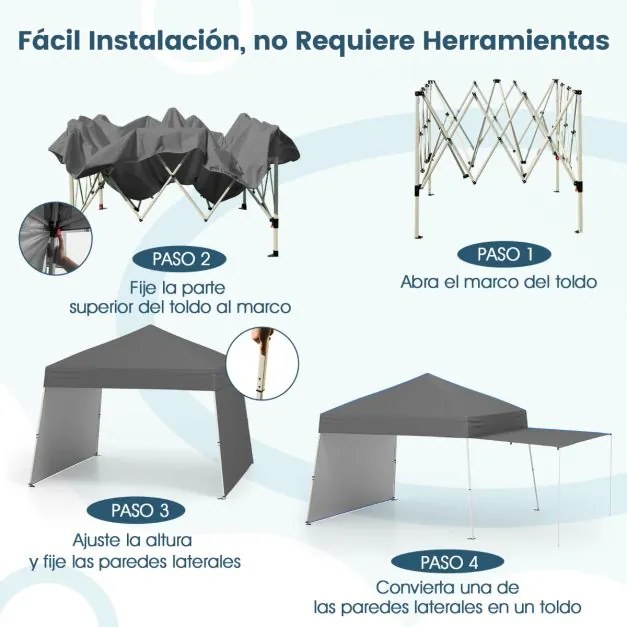 Tenda Pop-up de 430 x 280 cm com 2 paredes laterais convertíveis em toldo festas, eventos, feiras, jardim cinza