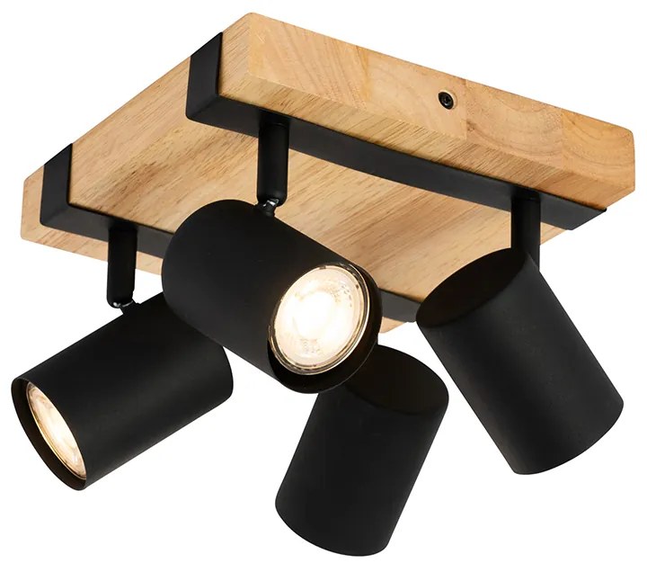 Candeeiro de teto preto com madeira 4 luzes ajustável retangular - Jeana