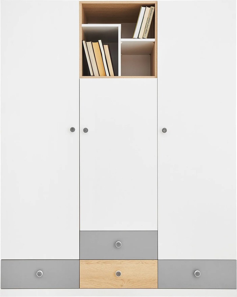 Roupeiro Tesmonu 100, Cinzento, Branco, Carvalho, 190x150x50cm, 126 kg, Portas para roupeiro: Com dobradiças, Número de prateleiras: 6, Número de prateleiras: 6