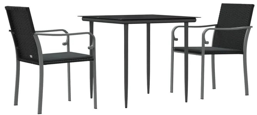3 pcs conjunto de jantar p/ jardim c/ almofadões vime PE e aço
