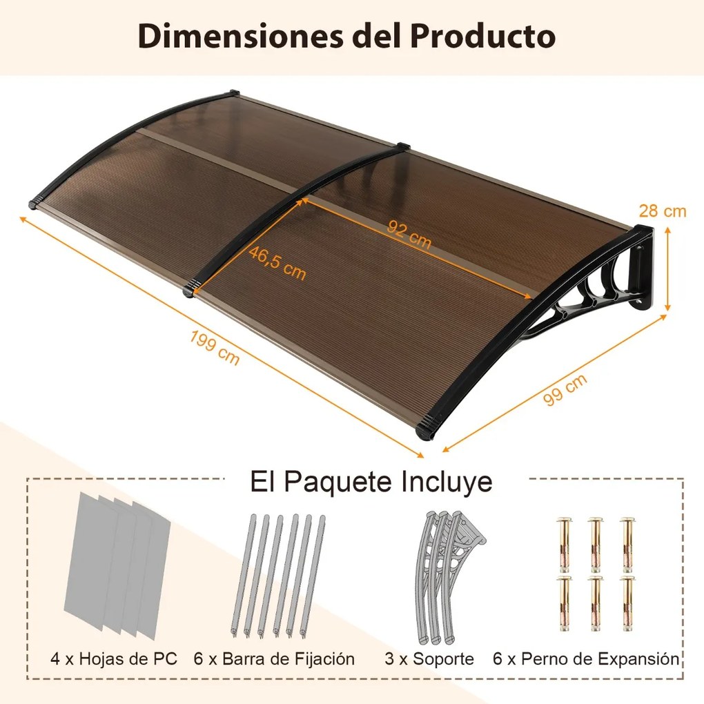 Toldo para janela 199 x 99 x 28 cm Proteção solar Chuva Neve Vento Toldo exterior para unidade de ar condicionado Castanho