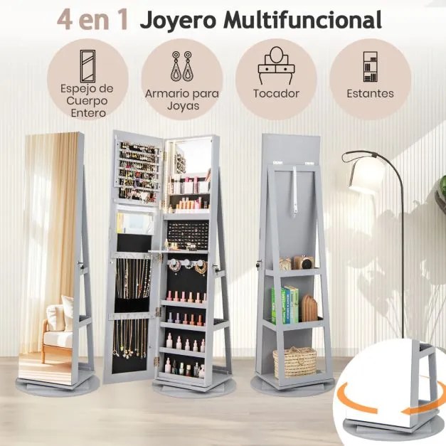Armário giratório para joias 360° com espelho de corpo inteiro e luzes LED de 3 cores com fechadura Organizador de joias Cinzento
