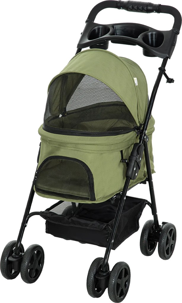 Carrinho de bebé dobrável para cães e gatos, com cesto de arrumação, porta-copos, tecido Oxford 300D impermeável, 4 rodas, verde