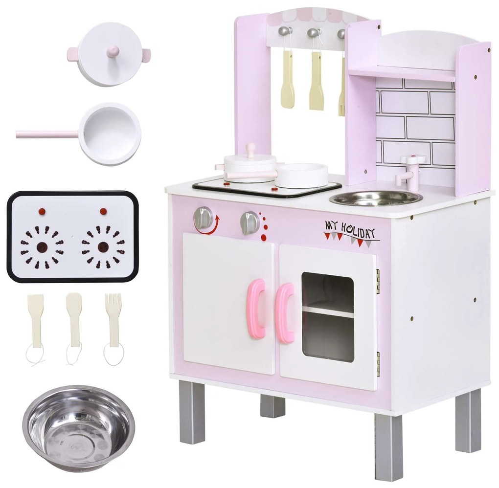 HOMCOM Cozinha de brinquedo para crianças acima de 3 anos educativo com espaço de armazenamento e som 55x 30x 80cm rosa