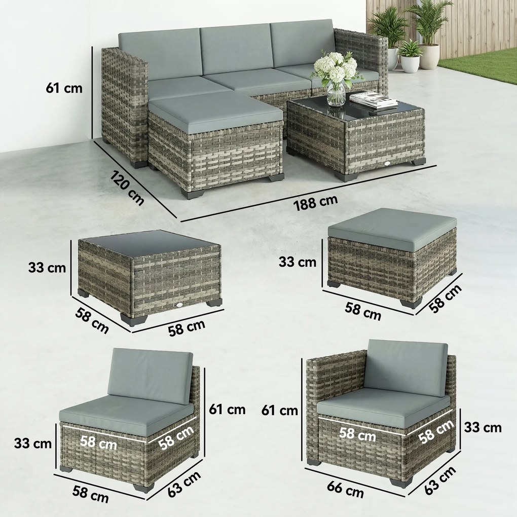 Conjunto de Jardim em Vime de 5 Peças Inclui Almofadas 2 Poltronas de Canto Poltrona sem Braços Apoia-Pés e Mesa de Centro Cinza Claro