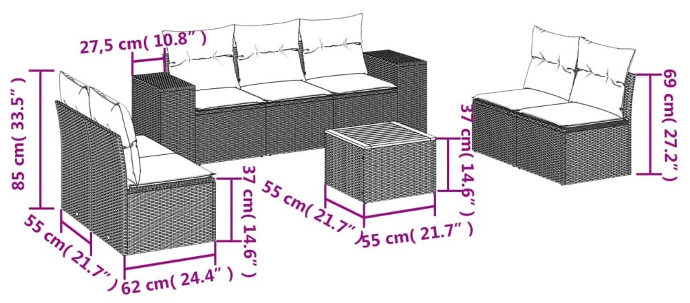 8 pcs conjunto de sofás p/ jardim com almofadões vime PE bege