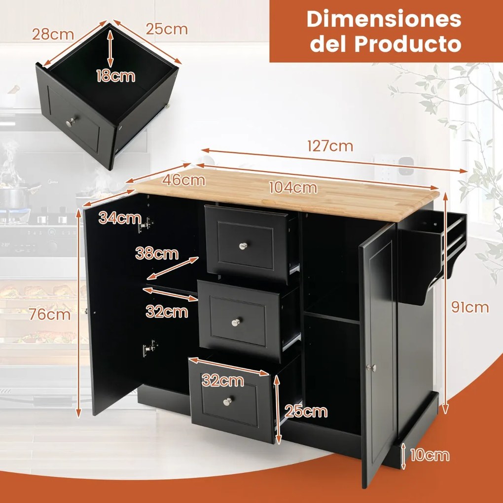 Carrinho de cozinha 127 cm x 46 cm x 91,5 cm com rodas e bancada em madeira de borracha, 3 gavetas e 2 armarios com prateleiras ajustáveis Preto
