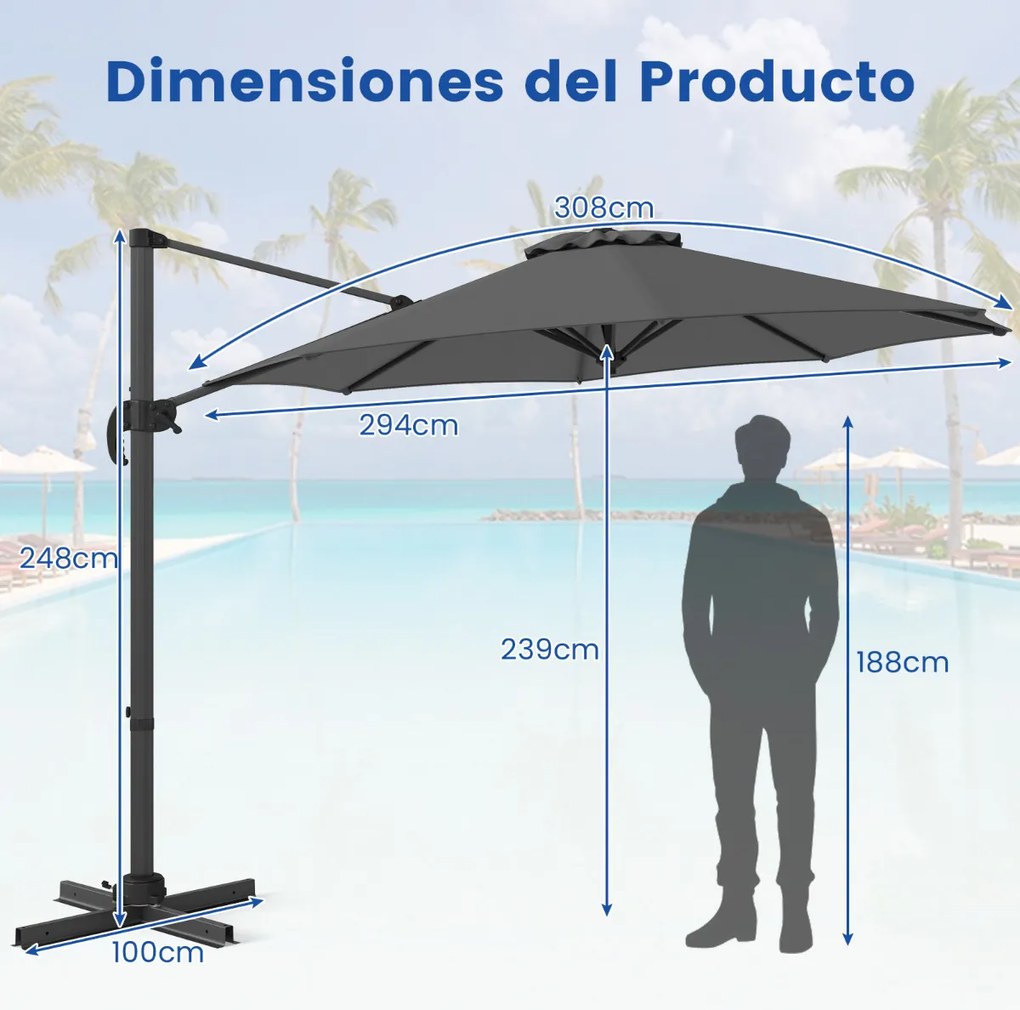 Guarda-sol redondo jardim 294 x 247 cm Guarda-sol suspenso com rotação de 360° Base cruzada 5 inclinações ajustáveis Cinzento