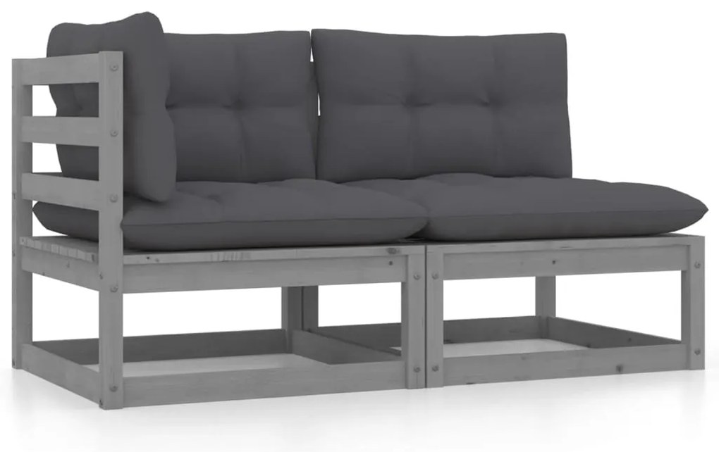 2 pcs conj. lounge de jardim c/ almofadões pinho maciço cinza
