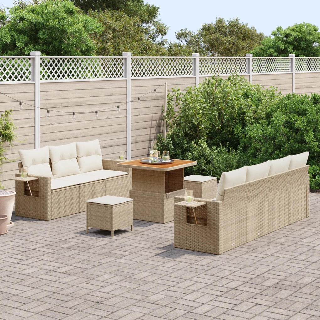 Conjunto de Sofá de Jardim de 10 Peças com Almofadas Bege em Rattan Po