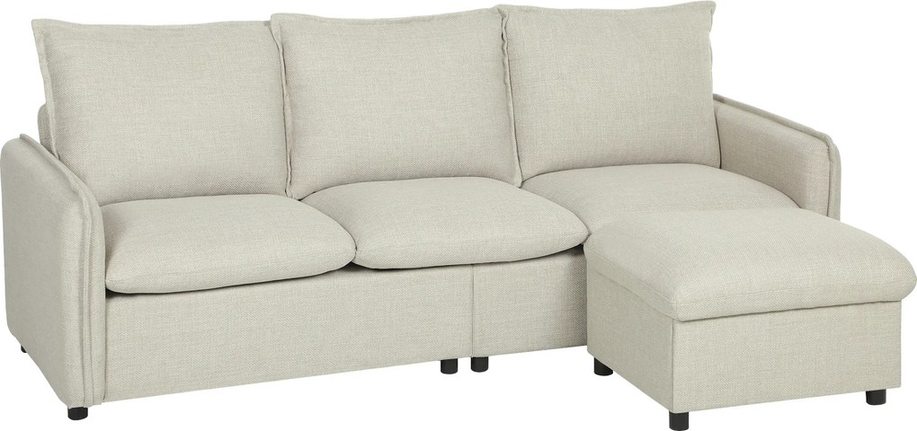 HOMCOM Sofá 3 lugares com puff com arrumação, sofá de canto modular 212 cm, almofadas com molas, tecido de linho, creme | Aosom Portugal