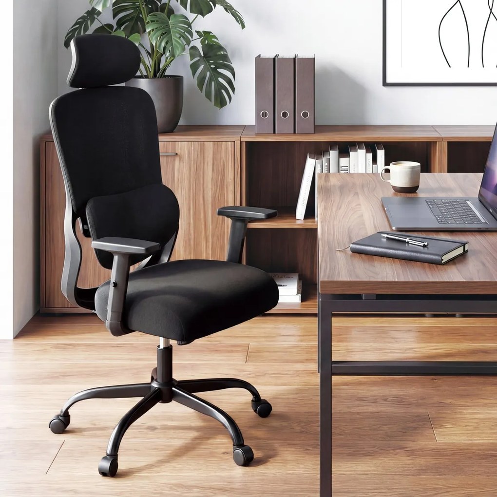 Cadeira ergonómica de escritório com apoio de cabeça ajustável e apoio lombar giratório e reclinável para casa, escritório Preto