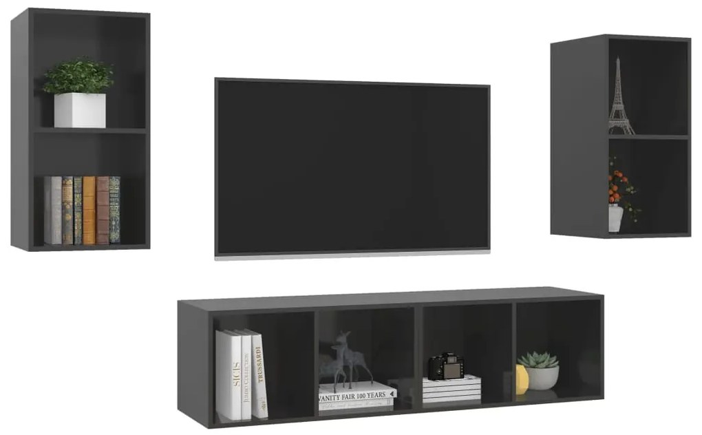 Armários de parede TV 4 pcs derivados madeira cinza brilhante