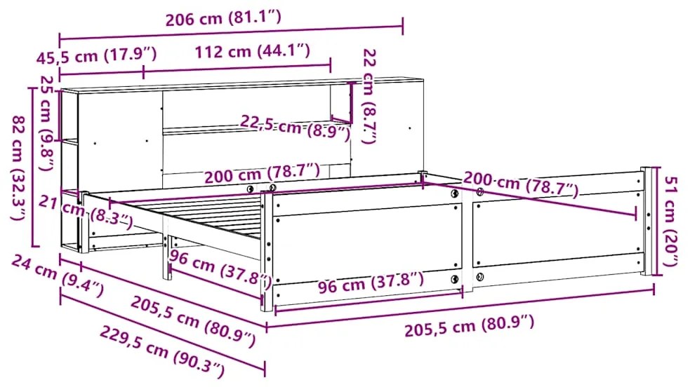Cama com estante sem colchão 200x200 cm pinho maciço
