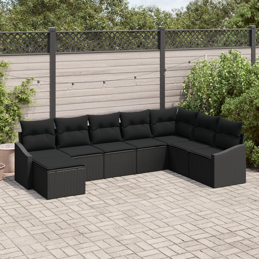 Conjunto de Jantar de 8 Peças com Almofadas Preto Rattan Sintético