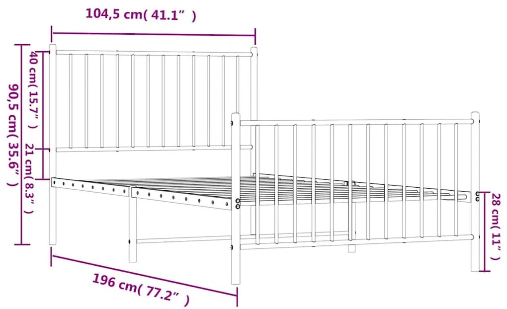 Estrutura de cama com cabeceira e pés 100x190 cm metal branco