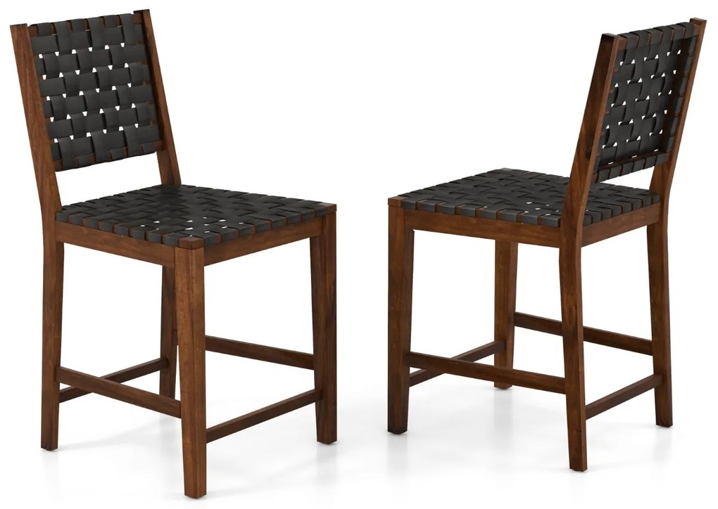 Conjunto de 2 bancos de bar de madeira com alças de couro PU e encosto confortável para cozinha, bar e restaurante 52 x 58,5 x 101 cm Castanho