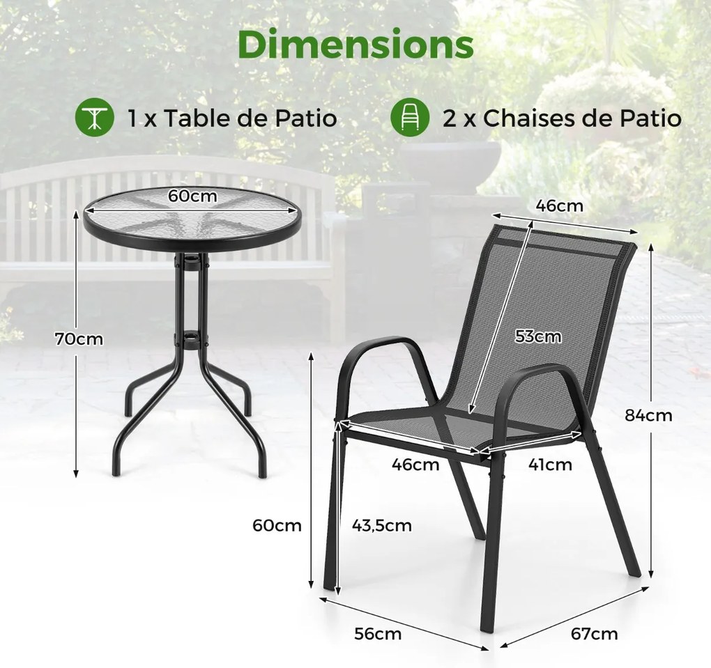Conjunto de bistrô para área externa de 3 peças com mesa lateral redonda e 2 cadeiras empilháveis, conjunto de assentos com tampo de mesa cinza