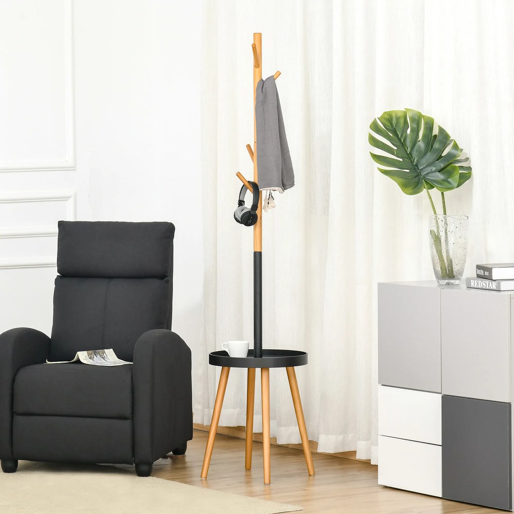 HOMCOM Cabide de Pé com Mesinha Auxiliar Redonda e 5 Ganchos com Altura Ajustável para Casacos Chapéus Bolsos Entrada 40x40x179cm Madeira Natural Preto